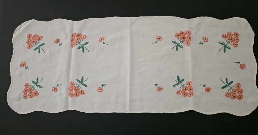 Hand Embroidery Dresser Scarf Table Runner Orange/Green flowers 38” by 15”